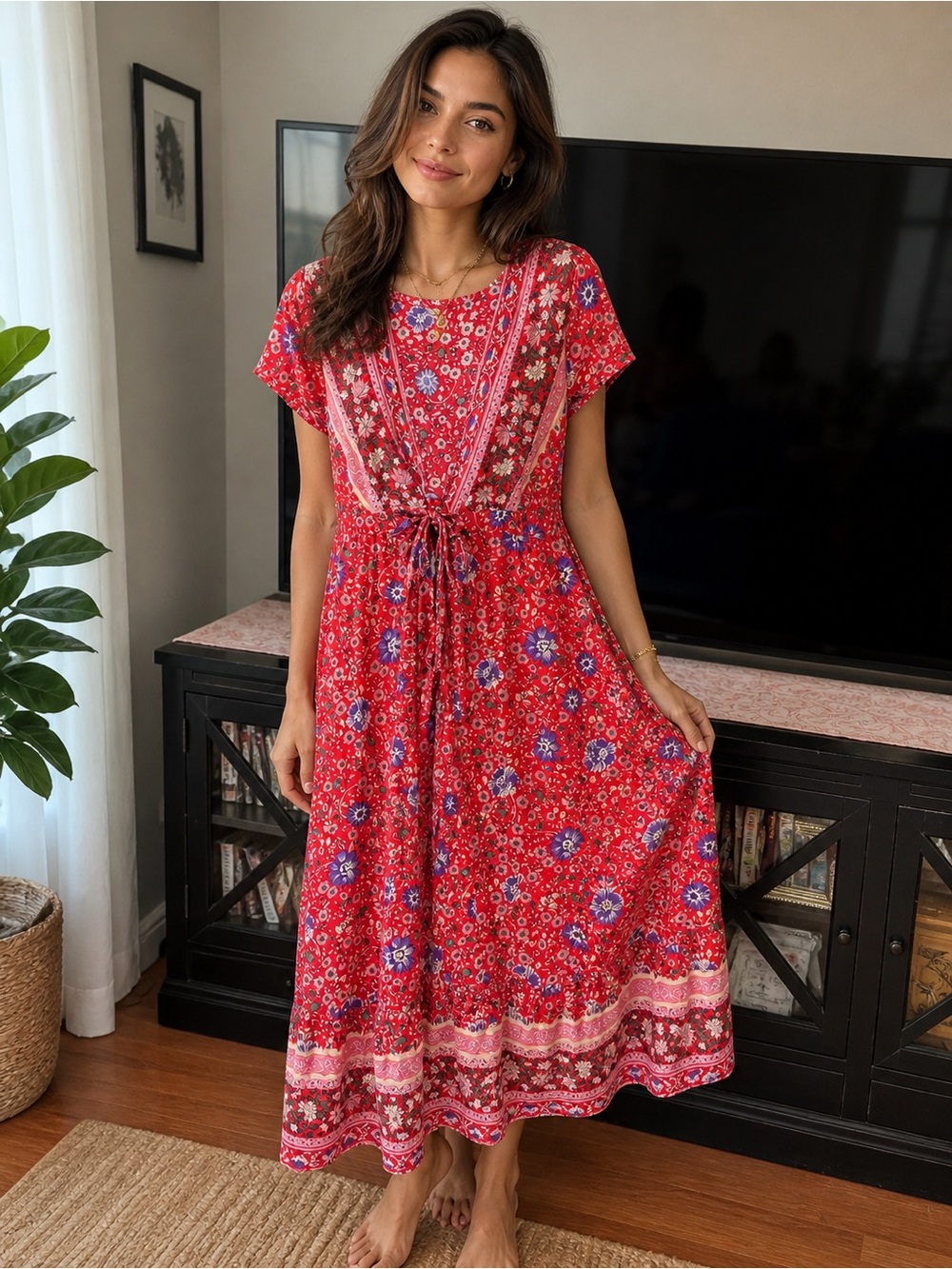 Women's Red Floral Tie-Front Midi Dress
